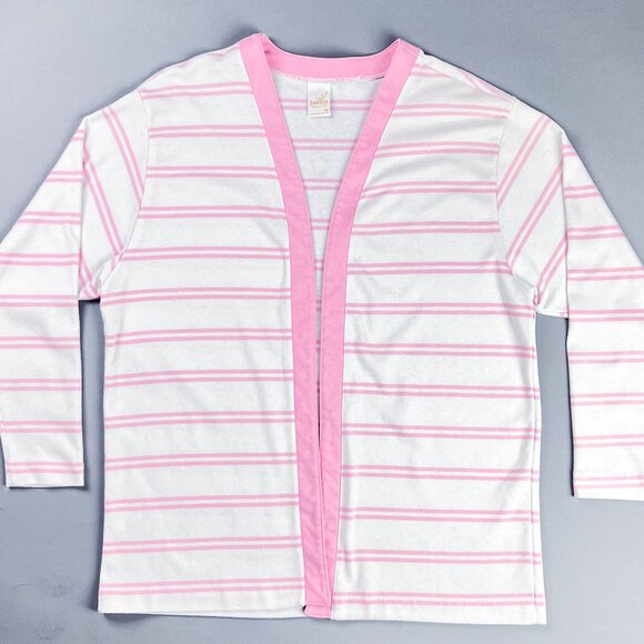 Vintage Striped Cardigan | 90's Pink & White Women's Casual Jersey Sweater - Picture 2 of 7